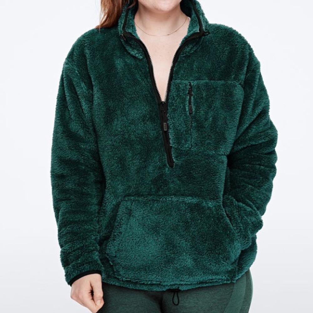 VS Pink Teddy Half Zip Size M Dark Ivy